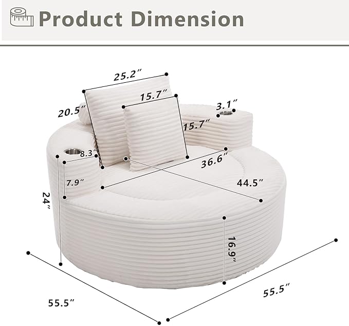 55 White Oversized Round Boneless Couch Sofa Velvet Memory Foam Cloud Couches Lounge Chair Comfy Fluffy Single Sofa with 3 Pillows for Living Room Bedroom No Assembly Required (White .)
