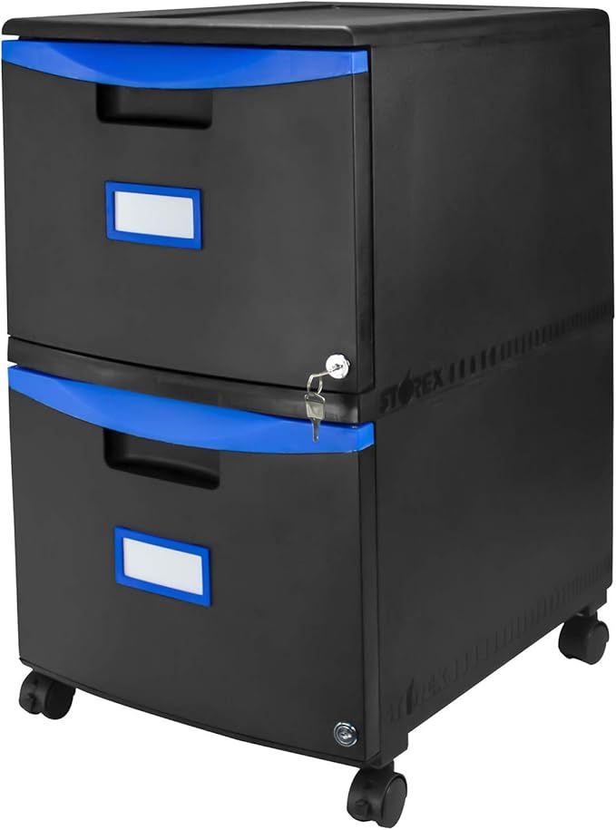 Storex Two-Drawer Mobile Filing Cabinet 2 Legal/letter-Size File Drawers Black/blue 14.75 X 18.25 X 26
