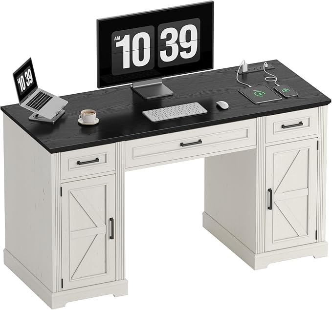 ONBRILL 55 inch Farmhouse Executive Desk with Drawers Home Office Desk with File Cabinet Outlets Storage Cabinet Keyboard Tray Wood Computer Desk for Work Study Writing Off White &amp Black