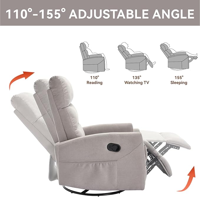 KEIKI Swivel Rocker Recliner Chair with Adjustable Backrest &amp Pockets Ergonomic Lounge Sofa Chair for Living Room Bedroom Khaki