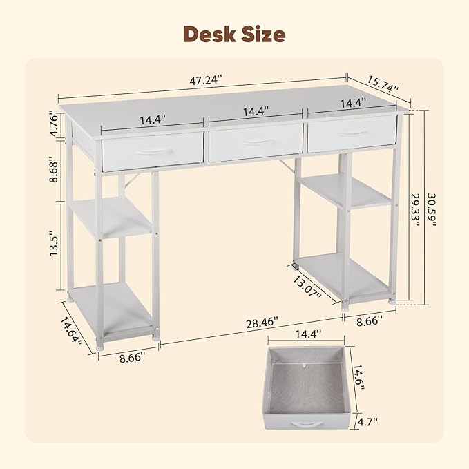 FAHKNS 47 Inch Computer Desk with 3 Fabric Drawers Small Computer Table with 4 Storage Shelves Minimalist Style Home Office Desk for Working Studying and Writing White