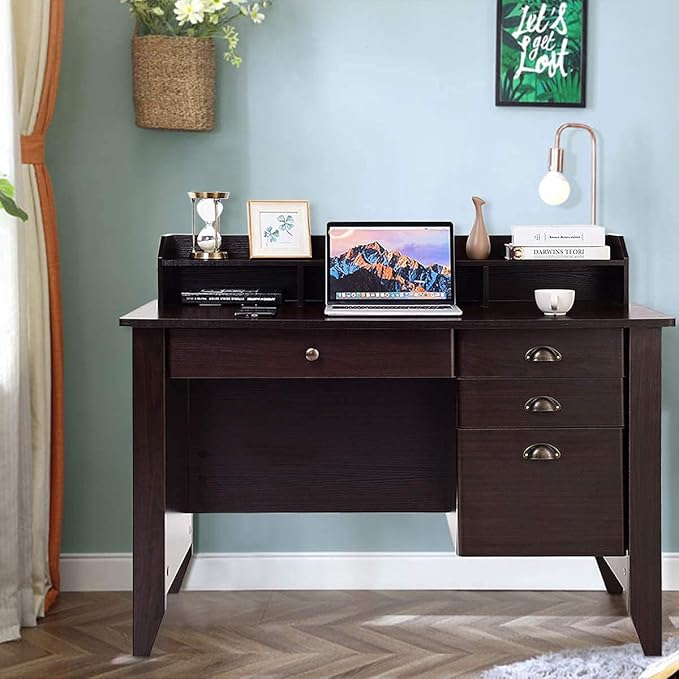 Giantex Topment Wood Computer Desk with 2 Tier Shelves Study and Writing Table with Three Side Drawers Laptop Table with a Smooth Slide-Out Long Drawer Work Station for Home &ampOffice