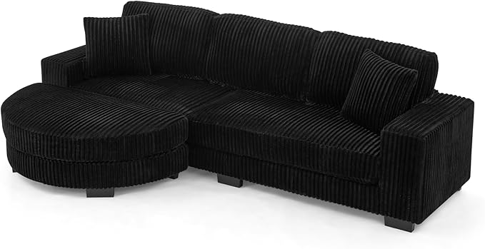 Corduroy Tufted Upholstered Sleeper Sectional Sofa L-Shaped Modular Convertible Sofa The arc-Shaped Footstool can be Placed Freely on The Left and Right (Black + Foam + 3 Seat)