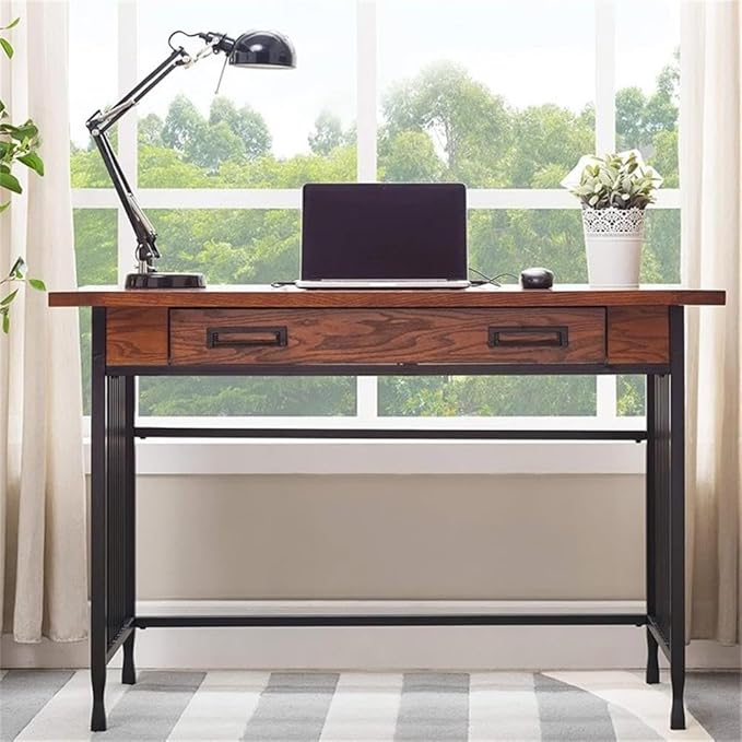 BOWERY HILL Computer Desk 46 in x 22 in x 30 in Mission Oak Finish Hardwood Solids and Oak Veneers Matte Black Steel Base Drop Front Drawer Home Office Writing Desk