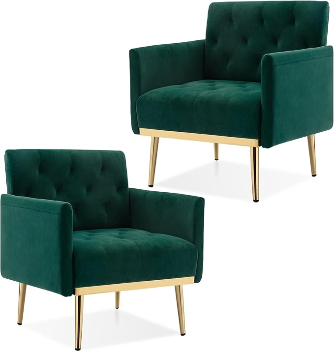 Green Velvet Accent Chairs Set of 2 Comfy Button Tufted Armchair Upholstered Arm Chair Single Sofa Reading Chairs with Arms and Gold Metal Leg for Living Room Bedroom Nursery Office