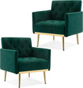 Green Velvet Accent Chairs Set of 2 Comfy Button Tufted Armchair Upholstered Arm Chair Single Sofa Reading Chairs with Arms and Gold Metal Leg for Living Room Bedroom Nursery Office