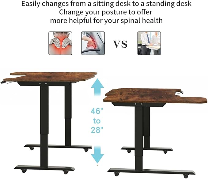59 L-Shaped Electric Standing Desk Brown Adjustable Height Seated Stand up Computer Desks for Work Office Home Ergonomic Lift-up Gaming Tables with Wheels &amp USB Charging Port (Rustic Brown/59/L