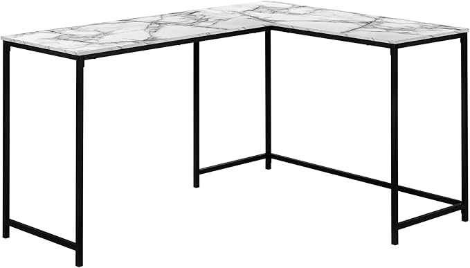 Computer Desk Home Office Corner 58 l L Shape Work Laptop White Marble Look Laminate Black Metal Contemporary Modern