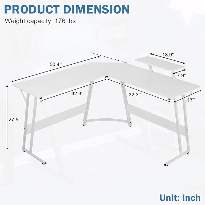 51 Inch L Shaped Gaming Desk Corner Computer Desk with Detachable Monitor Stand for Home Office Learning Gaming WorkstationWhite
