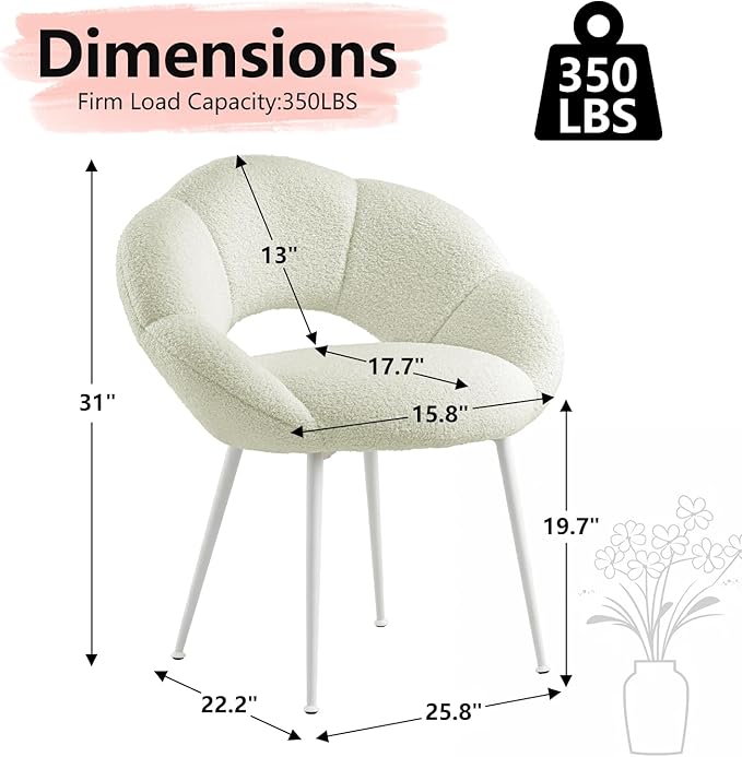 Petal Makeup Vanity Chair with BackUpholstered Makeup Accent Reading Chair No WheelsModern Dining Chair for HomeOfficeBedroomTeddy Plush (White)