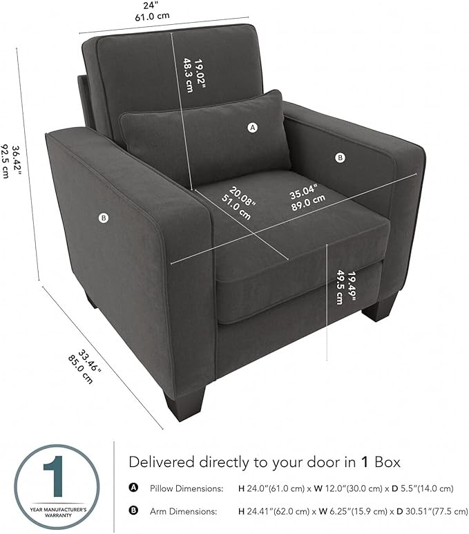 Bush Home Accent Chair with Arms Modern Armchair with Pet-Friendly Fabric Upholstery Living Room Stockton Collection Charcoal Gray Herringbone