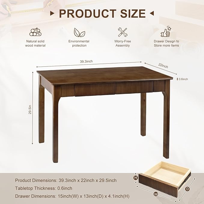 39.4'' Solid Wood Desk with 2 Drawers Mid Century Modern Home Writing Office Small Wooden Desk Vintage Computer Table with Storage for Living Room Bedroom Fluted Design Walnut(Walnut 39.4 Inch)