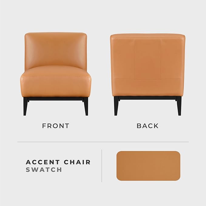 Lexicon Modern Living Room Leather Accent Chair Luxury Genuine 100% Top Grain Leather Upholstered Armless Chair Comfortable Seat Black Solid Wood Legs for Bedroom/Office Easy Assembly Orange