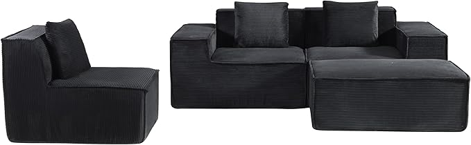 Rowan Convertible Corduroy Sectional Couch with Ottoman &amp Pillows Modular L Shaped Sleeper Sofa Boneless Cloud Couch for Living Room Furniture Black