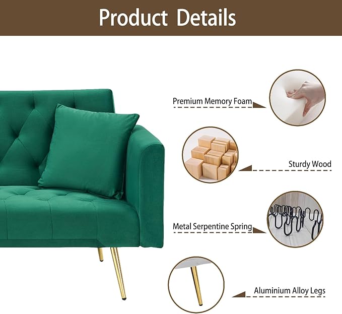 71 Velvet Futon Sofa Bed Convertible Sleeper Couch with 2 Pillows - Modern Loveseat Small Sofa 3-Angle Adjustable Backrest Golden Metal Legs for Living Room Bedroom Apartment Easy Assembly (Green)