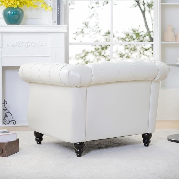 Modern Chesterfield Armchair PU Leather Rolled Arm Tufted Back Accent Chairs Upholstery Nailhead Trim for Living Room Office (White PU)