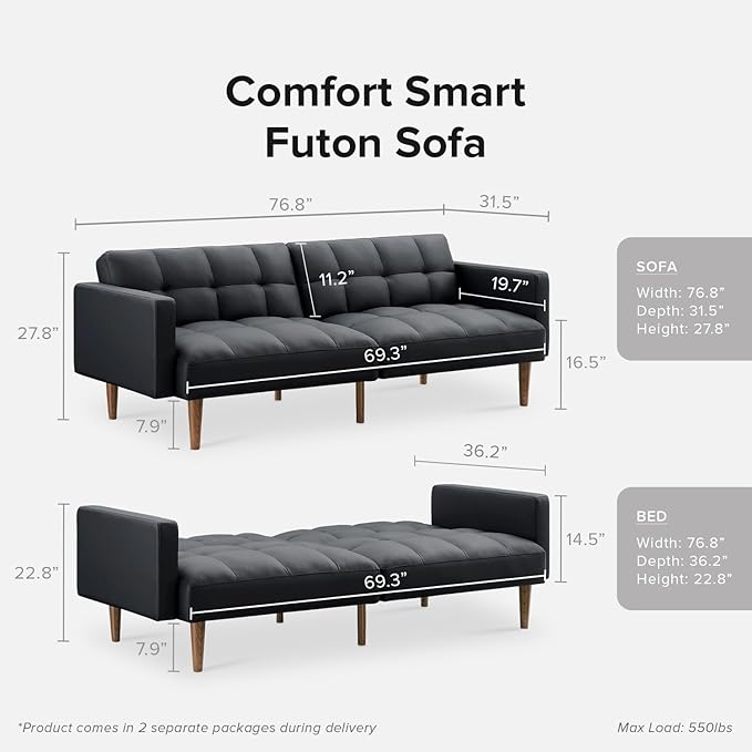 mopio 76.4 Futon Sofa Bed Couch Loveseat Sleeper Sofa Mid Century Modern Futon Couch Sofa Cama Couches for Living Room (Aaron PU Midnight Black)