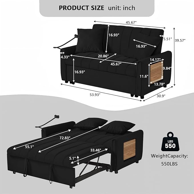 Loveseat Sleeper Sofa 3 in 1 Convertible Sofa Bed Adjustable Backrest Comfy Pull Out Couch Modern Upholstered Sofa for Living Room Bedroom Apartment Small Space (d-Black)