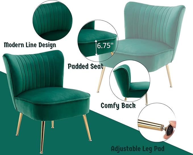 Cimota Velvet Accent Chairs Set of 2 Modern Armless Slipper Wingback Single Sofa Side Comfy Corner Chair with Golden Legs for Living Room Bedroom Green