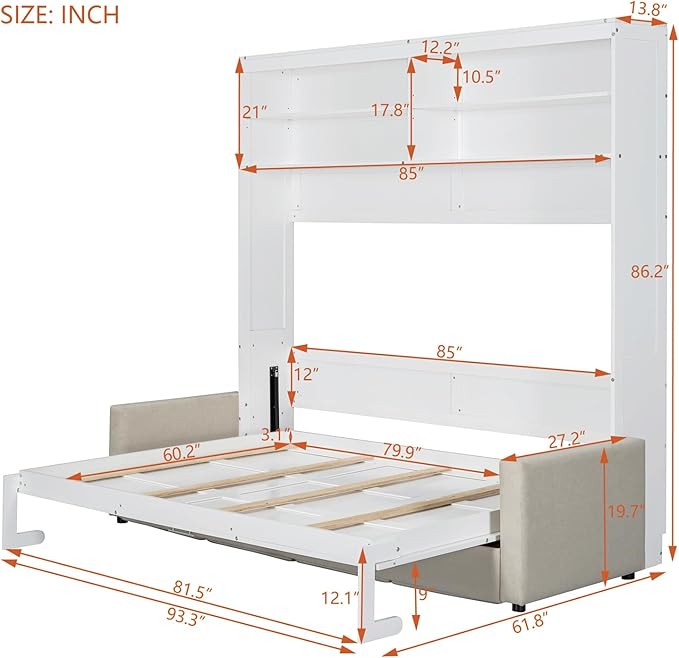 Linique Queen Size Murphy Bed with Sofa and Top Shelf Horizontal Wall Bed Versatile Convertible Wooden Bed Frame White 93.3x86.2