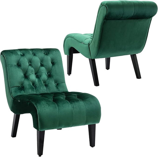 Green Velvet Armless Accent Chair Set of 2 Upholstered with Tufted Back and Rolled Edge Design Comfy Reading Chair with Solid Wooden Legs Easy Assembly