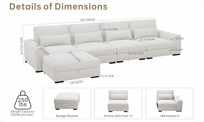 Modular Sectional Sofa - 130 Convertible Sectional Couch with 4 Pillow 4 Seat Oversized Modular Couch with Storage Ottomans L-Shaped Couches for Living Room Apartment Lounge Beige