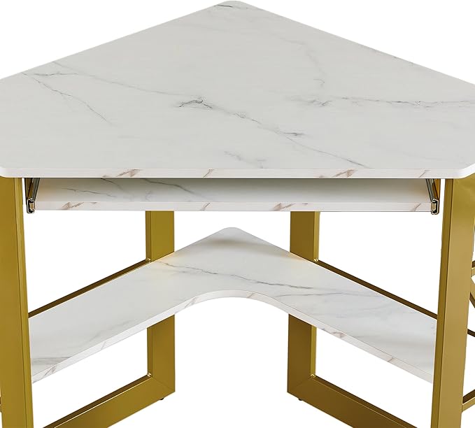 VECELO Corner Desk Computer Desk Writing Table with Smooth Keyboard Tray &amp Storage ShelvesCompact Home Office Triangle TableGold &amp White