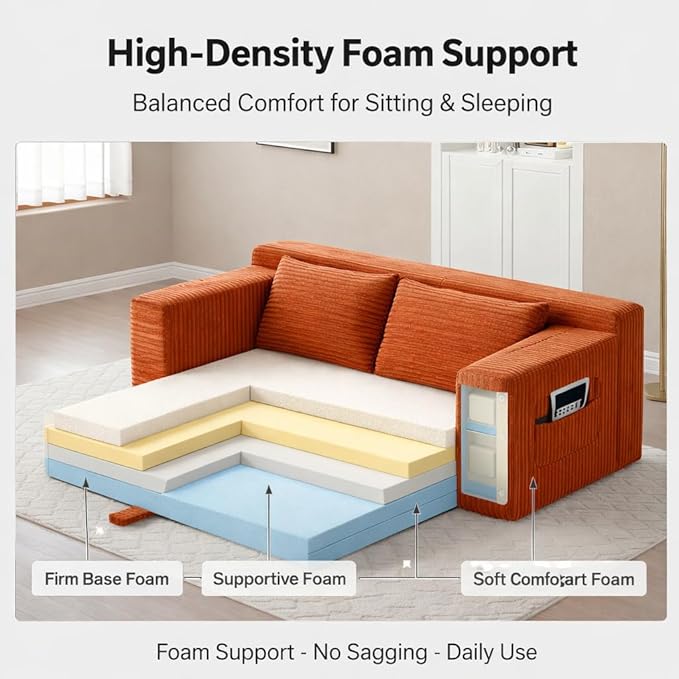 73INCH 2 in 1 Convertible Folding Couch Bed Corduroy Sleeper Sofa with Pull-Out Bed No Assembly Floor Sofa for Living Room Apartment &amp Small Spaces (Orange)