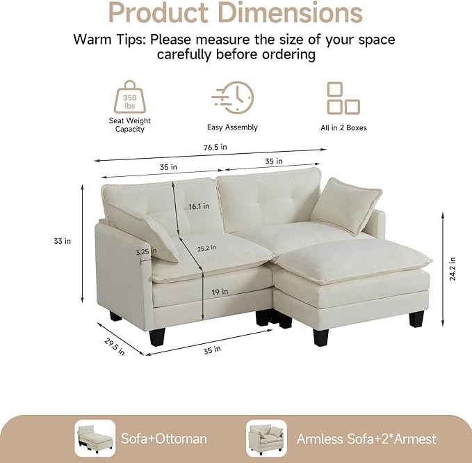 Modular Sectional Sofa 76.5 L-Shaped Chenille Comfy Sectional Couches for Living Room 2-Seater Cloud Couches with 1 Movable Ottomans Flexible Combination Modern Deep Seat Sofa (Beige)