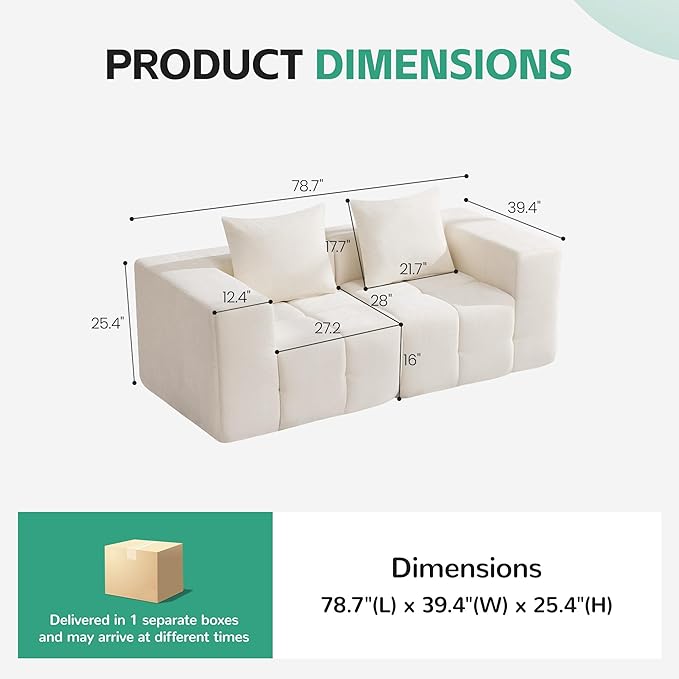 78.7 Boneless Modular Sectional Loveseat Tufted Cloud Couch with Deep Seat Chenille Sofa for Living Room Compressed Sofa No Assembly Required White