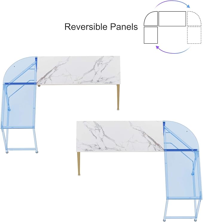 Teraves Reversible L Shaped Desk White - 66.1 Corner Gaming Computer Desk Office Workstation Modern Home Study Writing Table Marble Gold