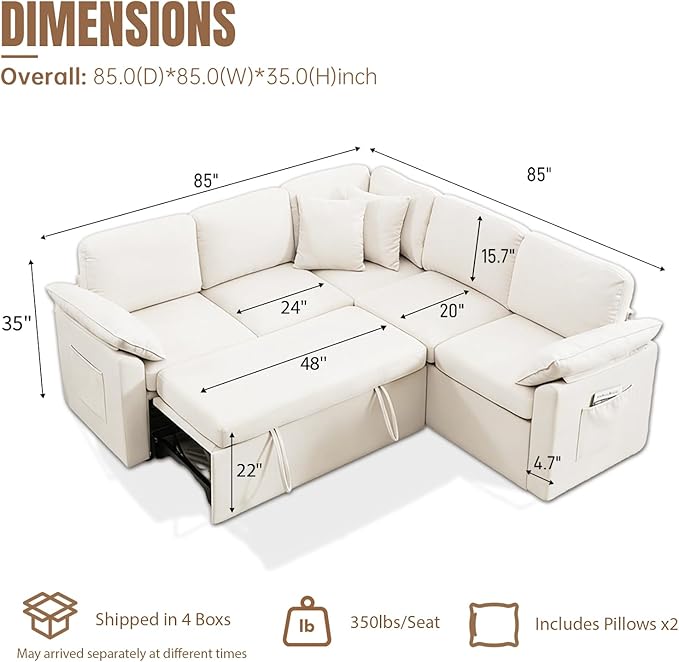 85 Modular Sectional Sofa with Pull Out Bed L Shaped Couch with Storage 5-Seater Sleeper Sofa Sectional Couches for Living Room Cloud Modular Couch with Removable Sofa Cover