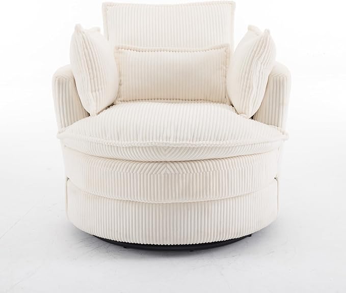 Karl home Swivel Barrel Chair-Corduroy360 Degree Modern Lounge Armchair ChairComfy Round Accent Single Sofa Chair with 3 Pillows for Living RoomBedroomLoungeHotelBeige