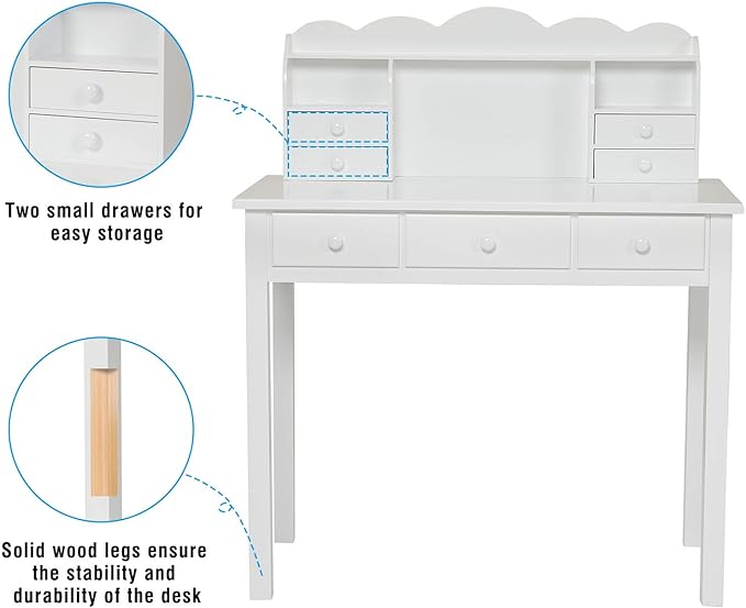 ADORNEVE Writing Desk with 7 Drawers Home Office Desk with Hutch Student Desk Study Table Small White Desks Solid Pine Wood Legs