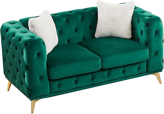 61.25'' Velvet Chesterfield Sofa Button Tufted Upholstered Love Seat Sofa Couch with 2 Pillows Golden Metal Feets Removable Thick Cushions Small Loveseat Couches for Living Room Apartment Green