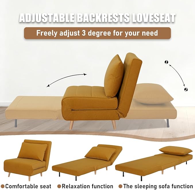 3 in 1 Sleeper Chair Bed Foldable Convertible Chair with Thickened Cushion and Sponge OTE Chenille Fabric Adjustable Backrest Upholstered Accent Chair for Apartment/Bedroom/Office - Yellow Brown