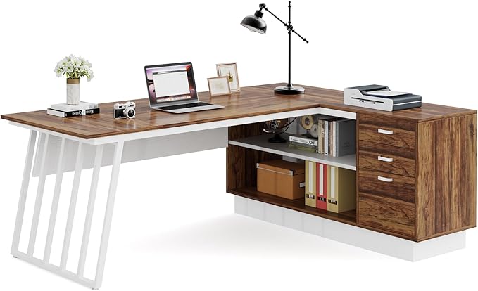 Tribesigns 71-Inch Executive Desk L-Shaped Desk with Cabinet Large Office Desk with Drawers and Storage Shelves Writing Table Computer Desk for Home Office Brown and White