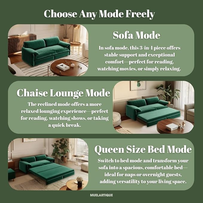66 Queen Pull Out Sofa Bed 3-in-1 Convertible Sleeper Sofa with Side StorageMulti-Functional Velvet Loveseat Bed for Living RoomBedroomApartmentOffice (Green)