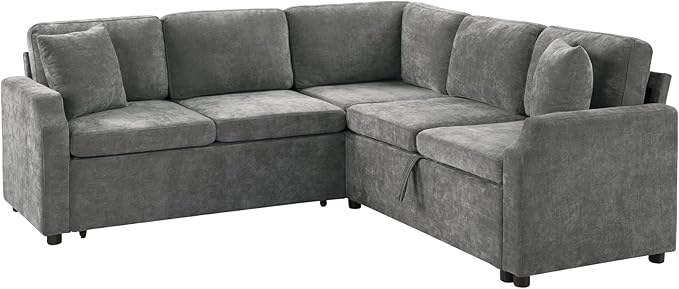 81.9 Sectional Sofa Bed L-Shaped Sectional with a Hidden Storage Compartment Versatile Pull-Out Sofa Bed with Cozy Throw Pillows for Living Room Apartments Offices (Gray-04e)