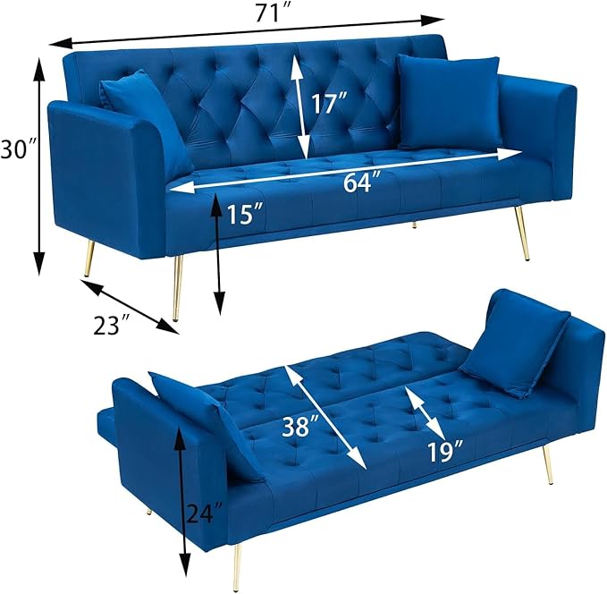 71 Convertible Folding Sleeper Sofa CouchModern Velvet Loveseat Sleeper with 2 Pillows Futon Sofa Bed with Mattress and Frame for Living RoomBedroomSmall Space (Blue)
