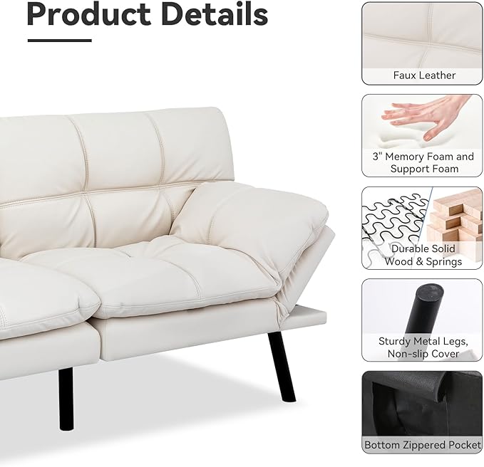 Convertible Faux Leather Sofa CouchMemory Foam Futon Couch BedSmall Splitback Modern Loveseat Sleeper Sofa Bed for Living Room Office Apartment Pear White