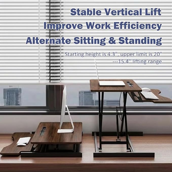 32 Inch Height Adjustable Stand Up Desk Riser Heavy Duty Computer Workstation with Removable Keyboard Tray - Ergonomic Design for Home Office Workshop Gaming Spacious Platform(Walnut)
