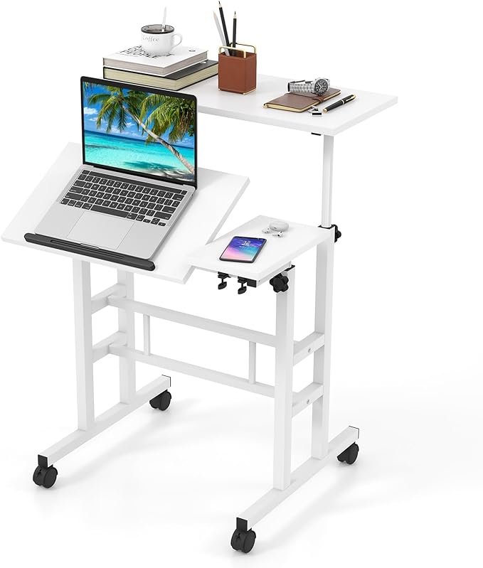 Tangkula Mobile Stand Up Desk Height Adjustable Home Office Desk with Standing &amp Seating 2 Modes Tilting Tabletop &amp Flexible Wheels Rolling Laptop Cart Sit Stand Desk (White)
