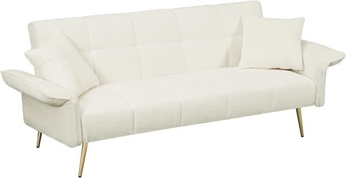 Convertible Sofa Bed Futon Couch Bed with Adjustable Arms and Backrest Modern Love Sofa with Gold Metal Legs for Living Room Bedroom (Teddy Fabric in Beige 70.1 Wx31.1 Dx31.5 H)