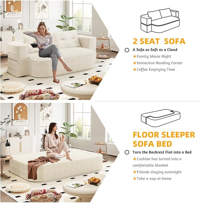 78.7 Folding Futon Corduroy Sleeper Sofa Bed Convertible Floor Boneless Sofa Full Size Compression Loveseat with 2 Pillows No Assembly 2-in-1 Foldable Couch for Living Room (Beige)