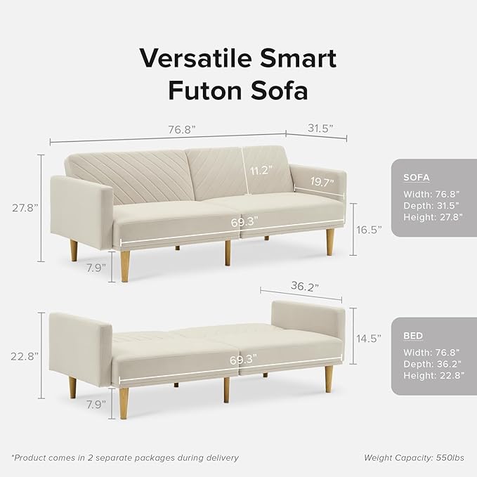 mopio 76.4 Futon Sofa Bed Couch Loveseat Sleeper Sofa Mid Century Modern Futon Couch Sofa Cama Couches for Living Room (Snow Velvet)