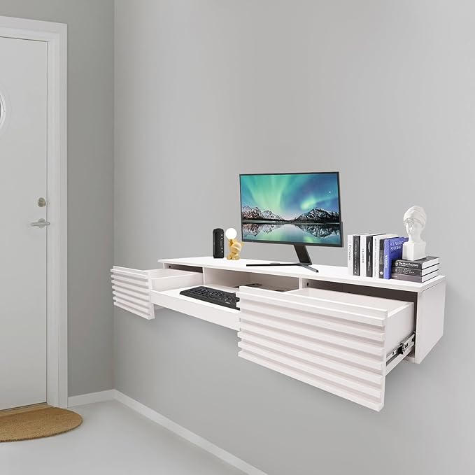 Wall Mounted Desk Wall Organizer with Two Drawers &amp One Keyboard Tray &amp 120 Lbs Load Capacity Floating Computer Desk Laptop Computer Writing Study Table for Homes Offices Entrances(White)