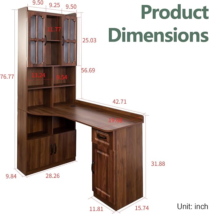 Walnut Corner Desk with Bookshelf 2-in-1 L Shaped Desk with Hutch &amp Drawers Home Office Desk with Shelves &amp Storage Wooden Structure Easy Assembly (Walnut)