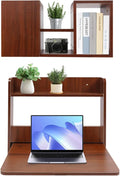 Wall Mounted Desk Fold Down Laptop Computer Table Floating Desk with Storage Compartments for Home Office Study Space Saving (Walnut Color)