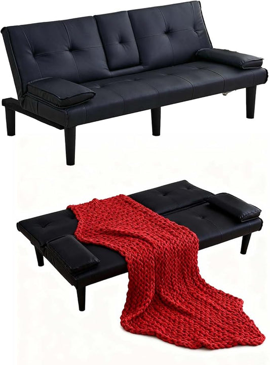 67 Futon Sofa BedConvertible Sofa Bed with 2 Cup HoldersSleeper Couch PVC Leather Removable Soft Armrest Small Couch for Living Room Apartments ﻿ (Black)